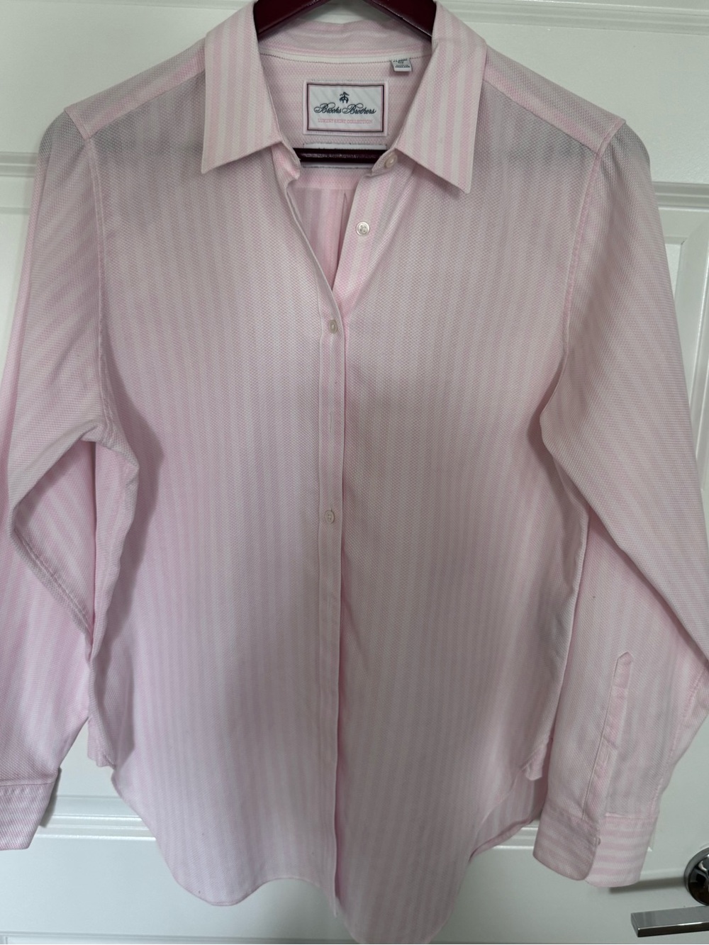 Brooks Brothers, Thomas Mason, Women’s Luxury Brand, pink striped button up.